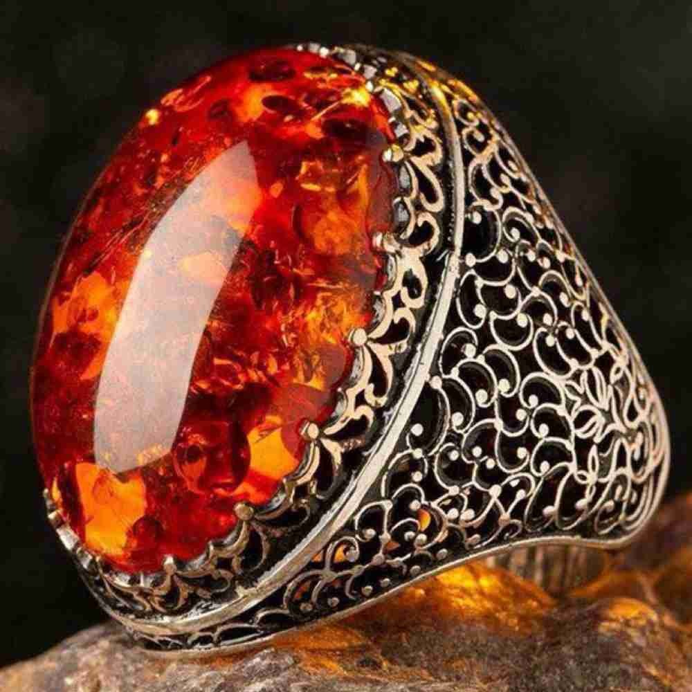 Silver Gorgeous Big Amber Stone Mens Ring Main image