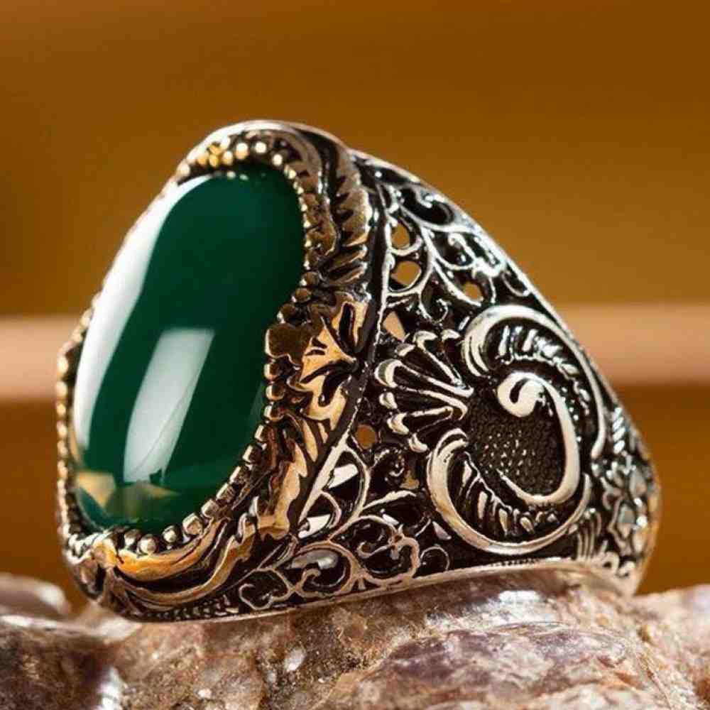Silver Green Agate Aqeeq Best Mens Ring Main image
