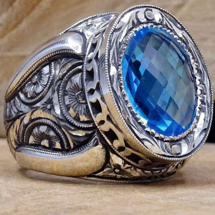Silver Heavy Best Aquamarine Stone Mens Ring Main image