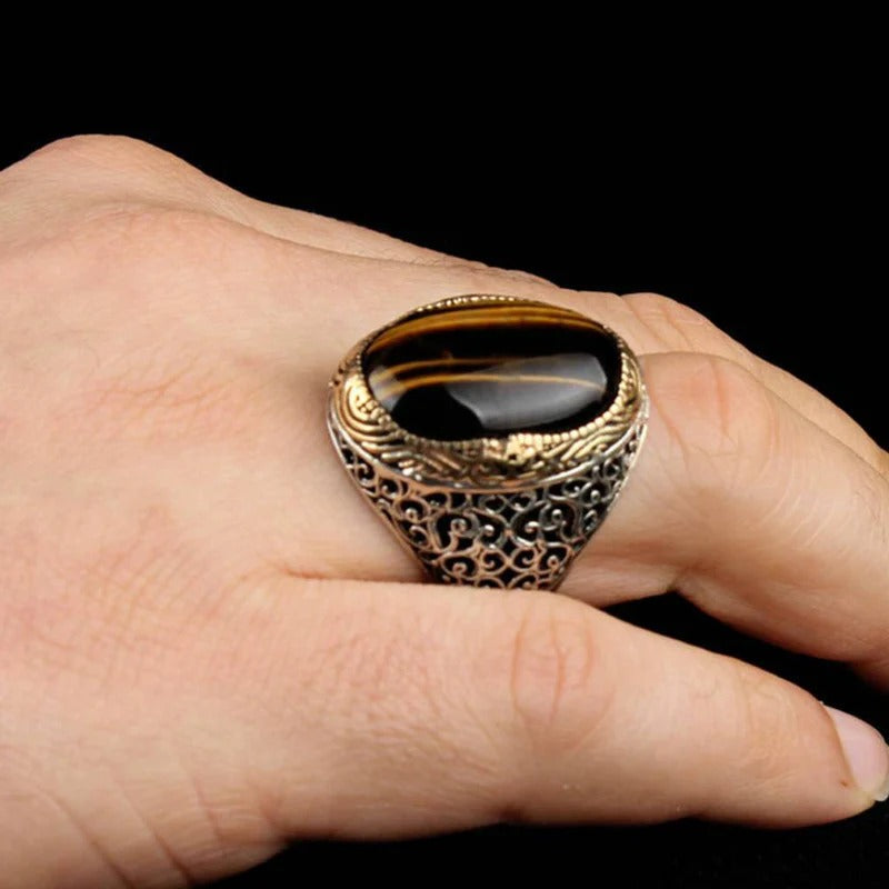 Silver Heavy Natural Tigers Eye Mens Ring Secondary image