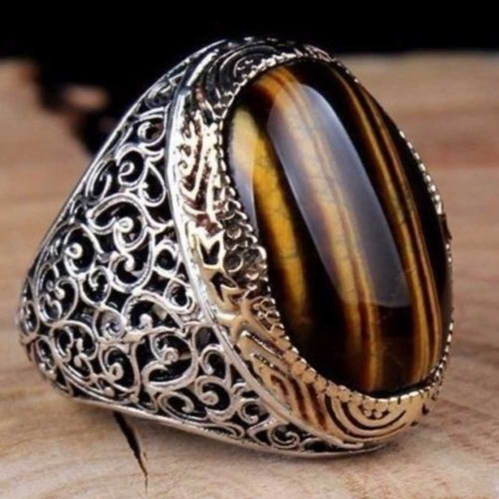 Silver Heavy Natural Tigers Eye Mens Ring Main image