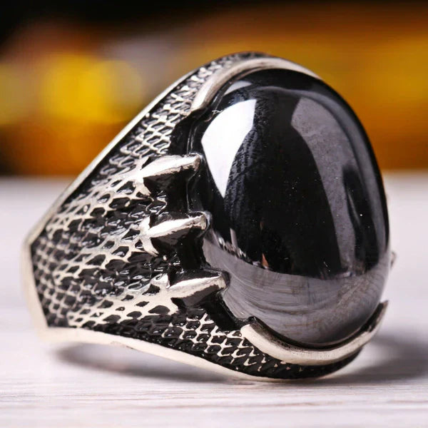 Silver Hooded Claw Onyx Stone Mens Ring Main image