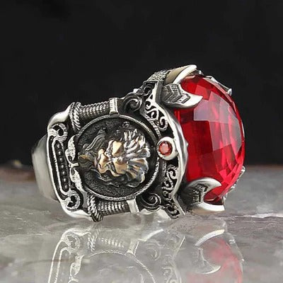 Silver Luxury Ruby Stone King Lion Mens Ring Main image