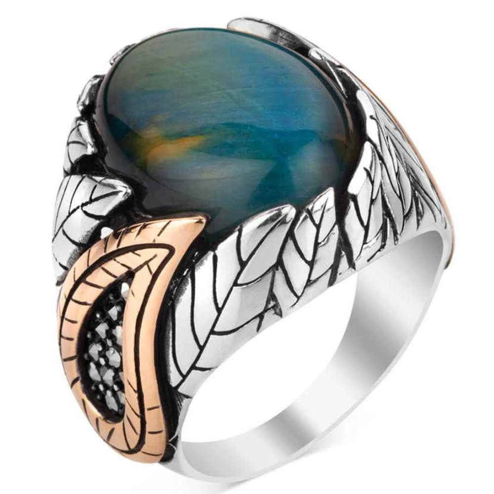Silver Mens Ring with Natural Blue Tigers Eye Stone Main image