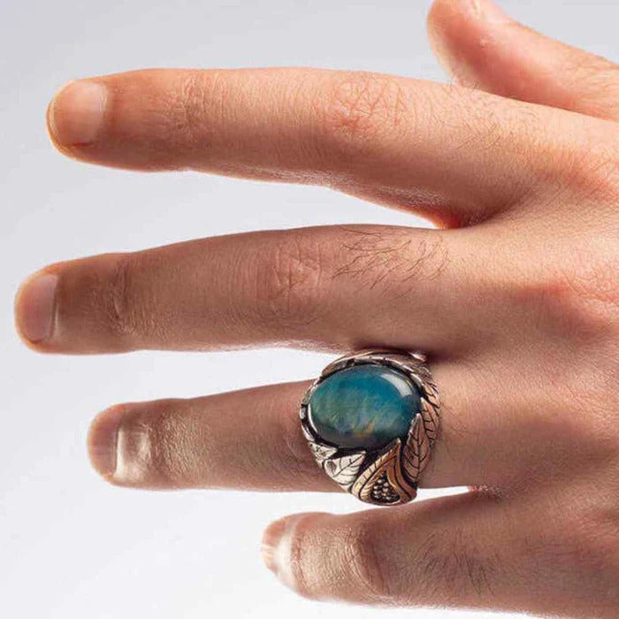 Silver Mens Ring with Natural Blue Tigers Eye Stone Secondary image