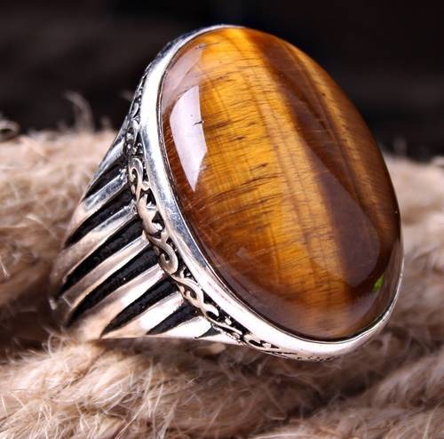 Silver Natural Brown Tigers Eye Stone Mens Ring Main image