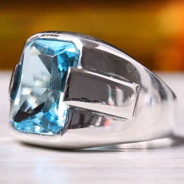Silver New Luxury Aquamarine Stone Mens Ring Secondary image