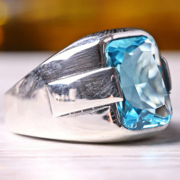 Silver New Luxury Aquamarine Stone Mens Ring Main image