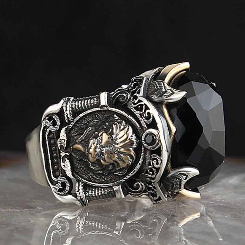 Silver Onyx Stone King Lion Mens Ring Main image
