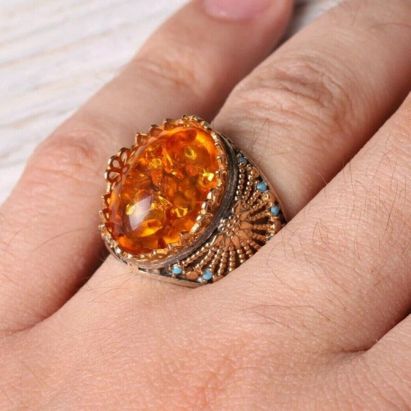 Silver Orange Amber and Turquoise Stone Mens Ring Secondary image