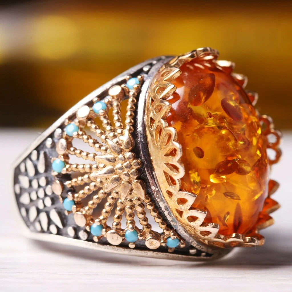 Silver Orange Amber and Turquoise Stone Mens Ring Main image
