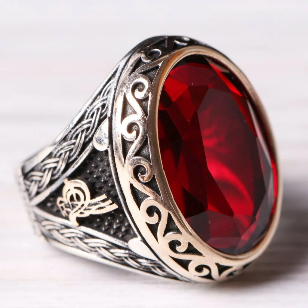 Silver Ottoman Red Ruby Stone Mens Ring Main image