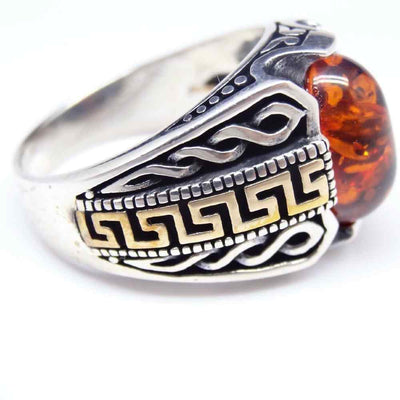 Silver Round Orange Amber Stone Mens Ring Secondary image