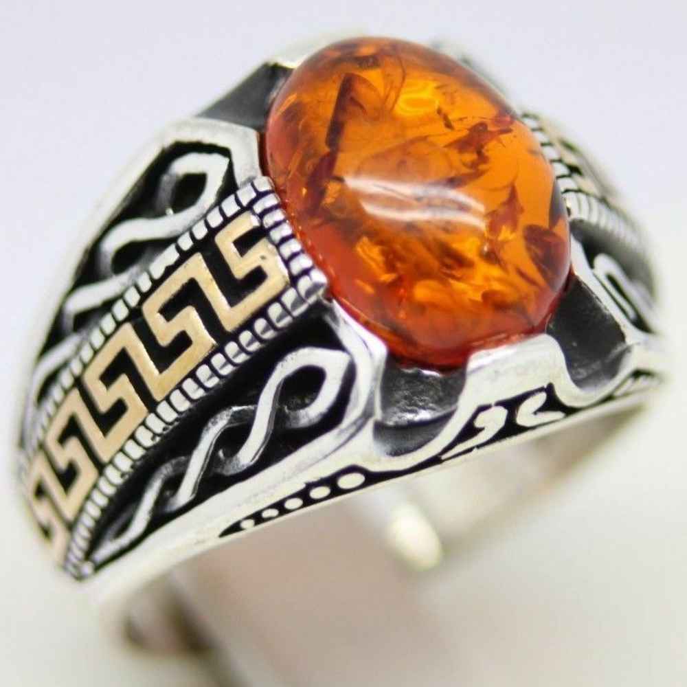 Silver Round Orange Amber Stone Mens Ring Main image