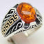 Silver Round Orange Amber Stone Mens Ring