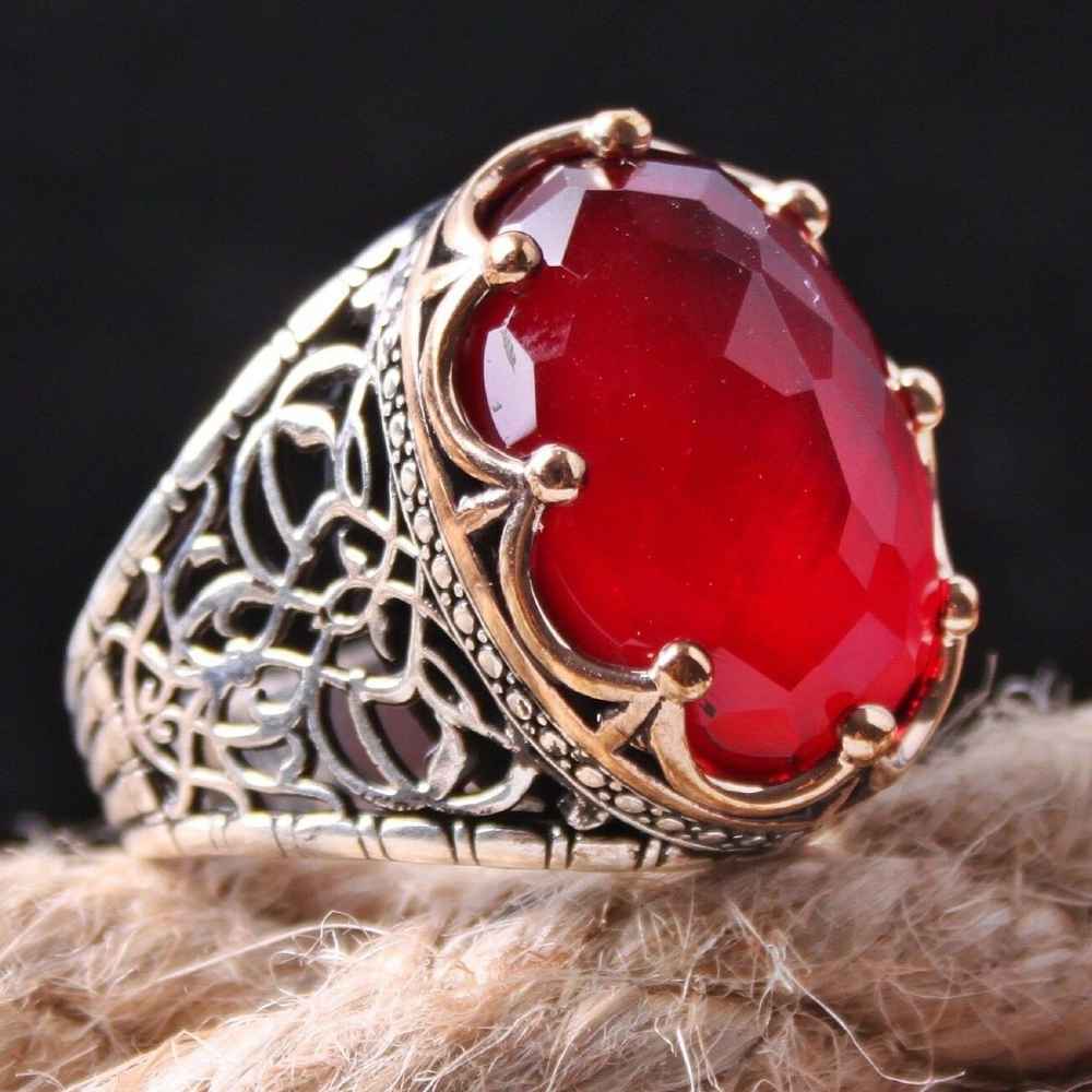 Silver Ruby Stone King Crown Mens Ring Main image
