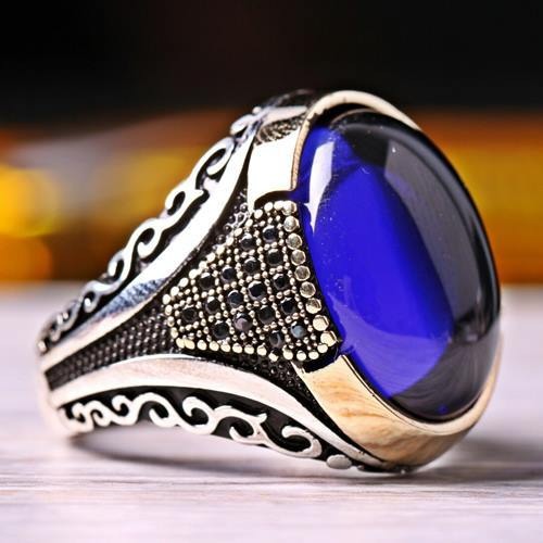 Silver Sapphire and Onyx Stone Luxury Mens Ring Main image