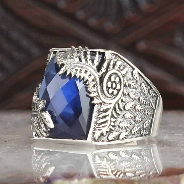 Silver Sapphire Stone Leaf Mens Ring Main image