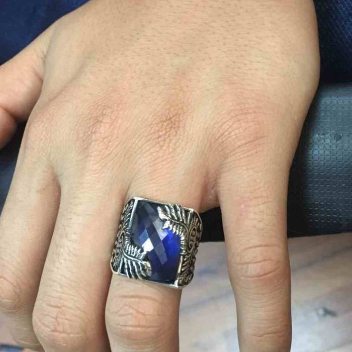 Silver Sapphire Stone Leaf Mens Ring Secondary image