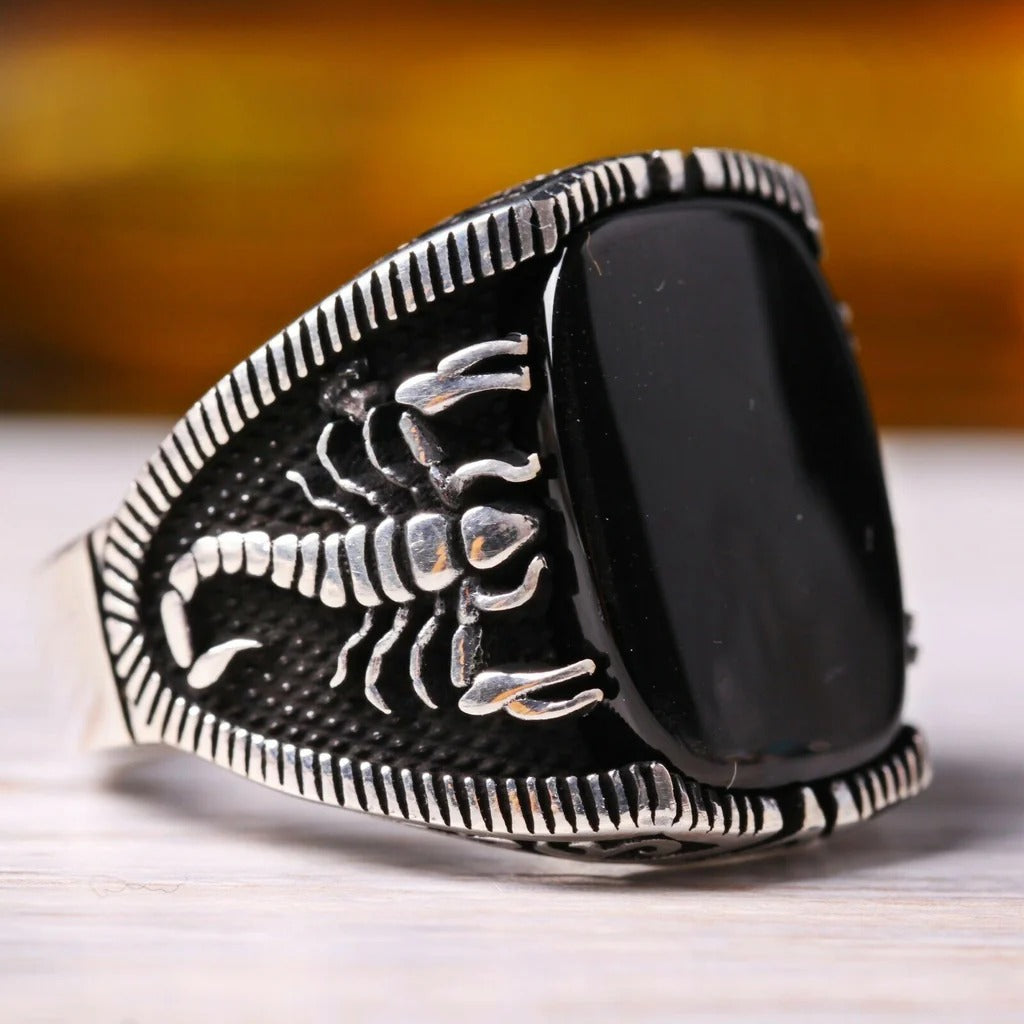 Silver Scorpion Style Solid Onyx Stone Mens Ring Main image