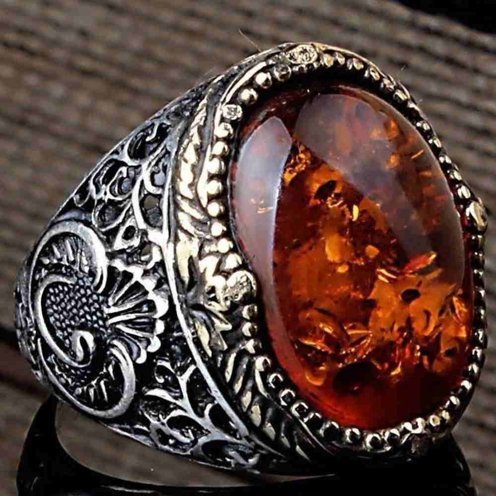 Silver Stylish Amber Stone Mens Ring Main image