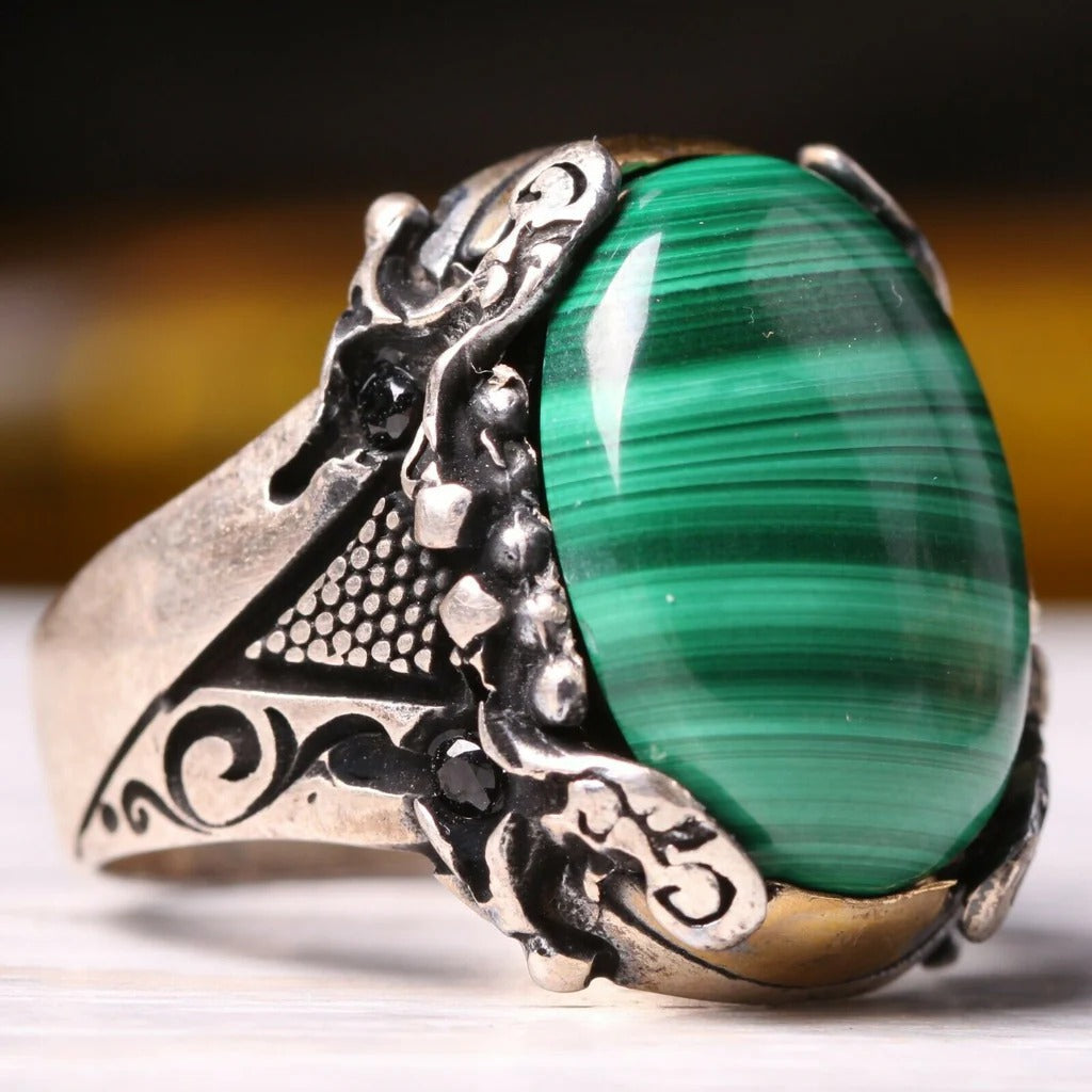 Silver Sword Model Malachite Stone Mens Ring Main image