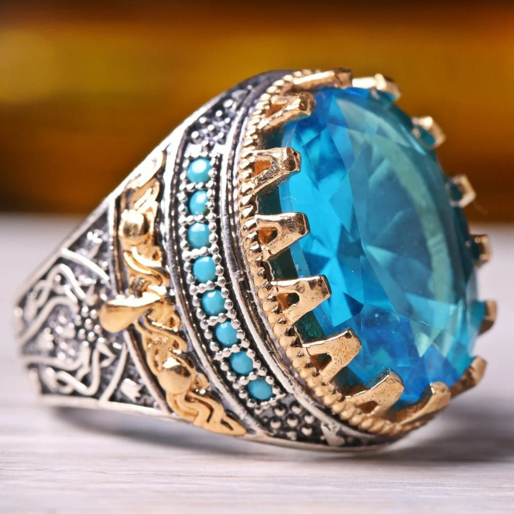 Silver Tourmaline and Turquoise Multi Stone Mens Ring Main image