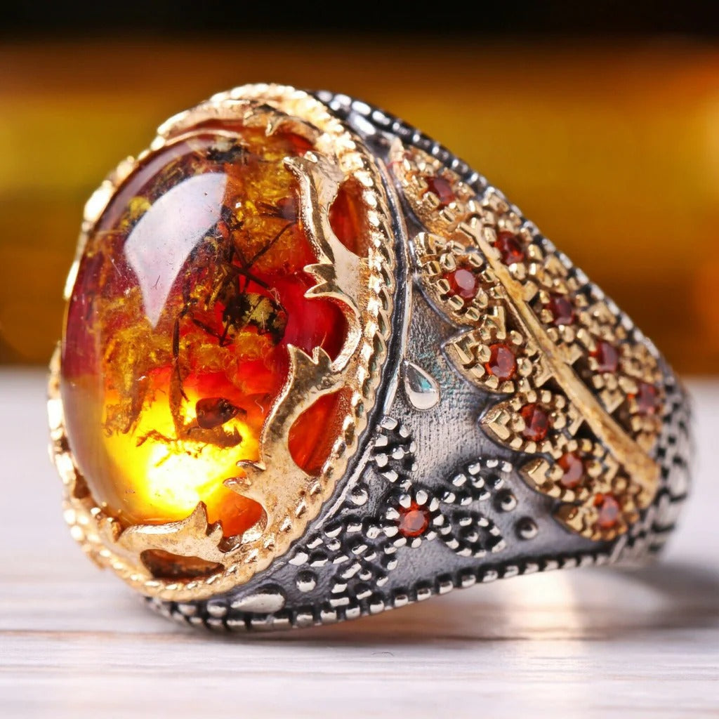 Silver with Fossil Amber and Citrine Stone Mens Ring Main image