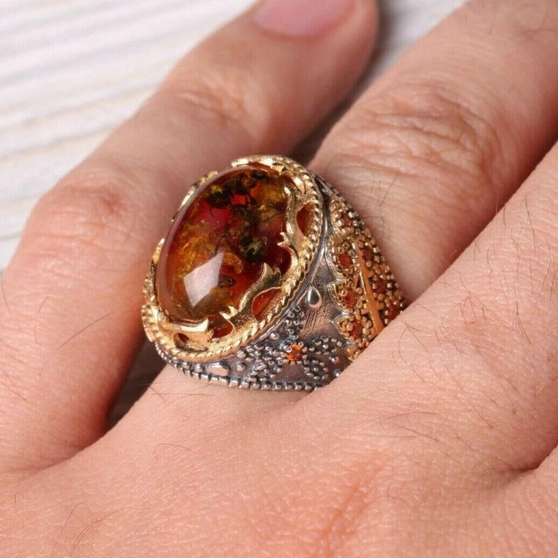 Silver with Fossil Amber and Citrine Stone Mens Ring Secondary image