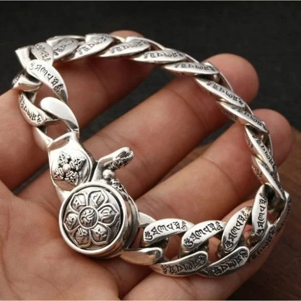 Sterling Silver Buddhist Mantra Vajra Pestle Curb Chain Bracelet Secondary image