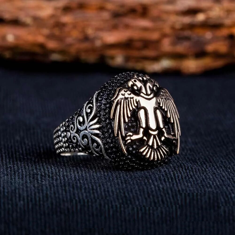 Stoneless Double Headed Eagle Oval Silver Ring Main image