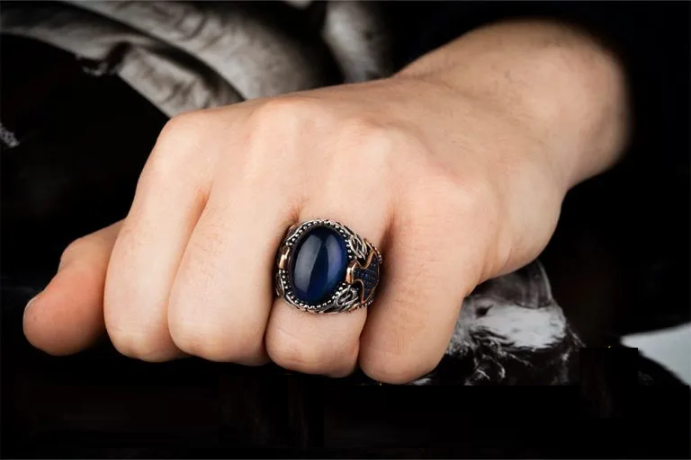 Blue Tiger Eye Oval Zircon Detailed Ring Secondary image