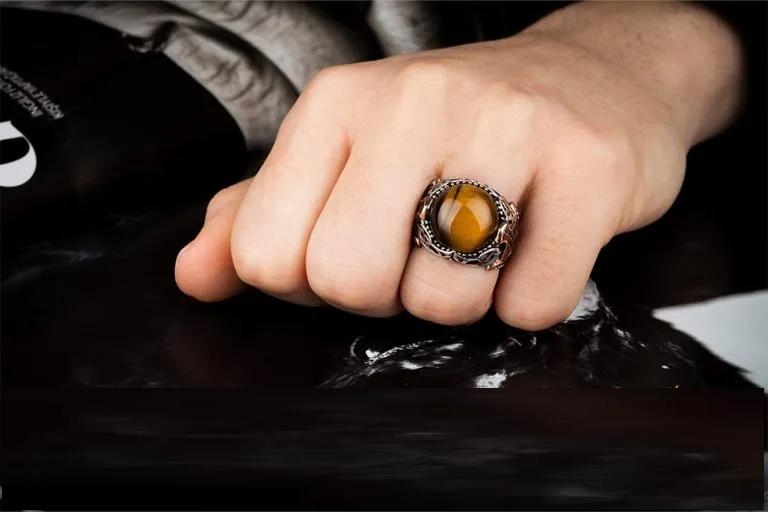 Brown Tiger Eye Round Zircon Detailed Ring Secondary image