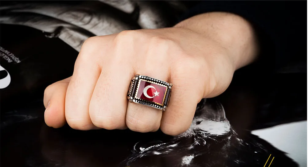 Crescent Star Red Mina Rectangle Cut Silver Ring No1 Secondary image