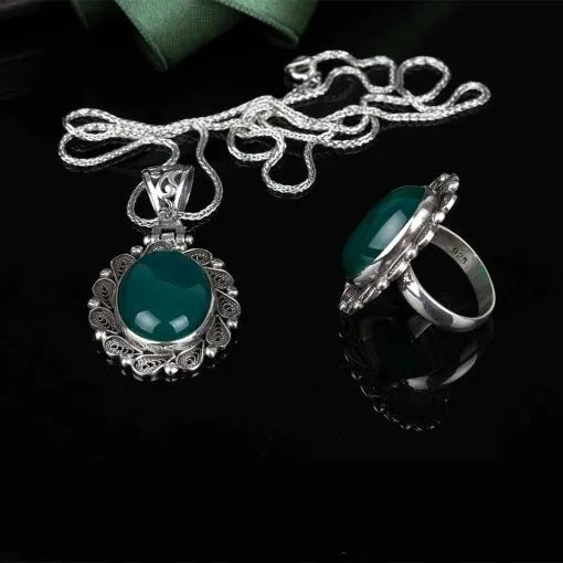 Green Aqeeq Filigree Silver Women Set Secondary image