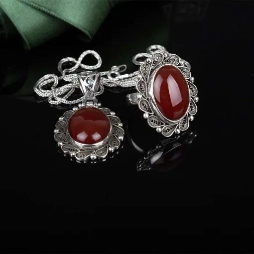 Red Yemeni Aqeeq Filigree Silver Women Set Main image