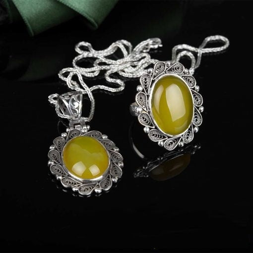 Yellow Aqeeq Filigree Silver Women Set Secondary image