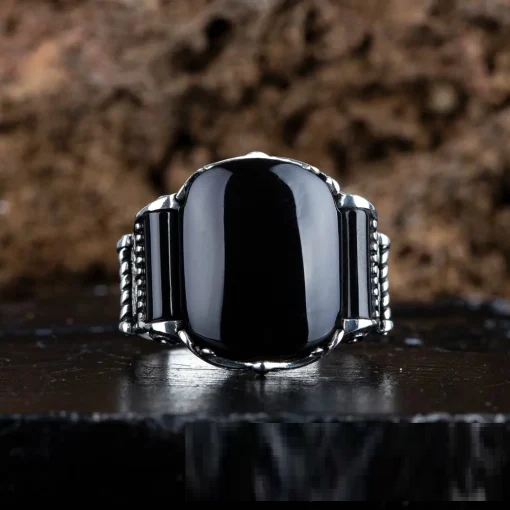 Black Aqeeq Onyx Oval Cut Silver Ring Main image