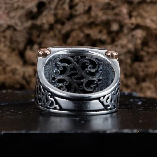 Black Aqeeq Rectangle Cut Silver Ring Secondary image