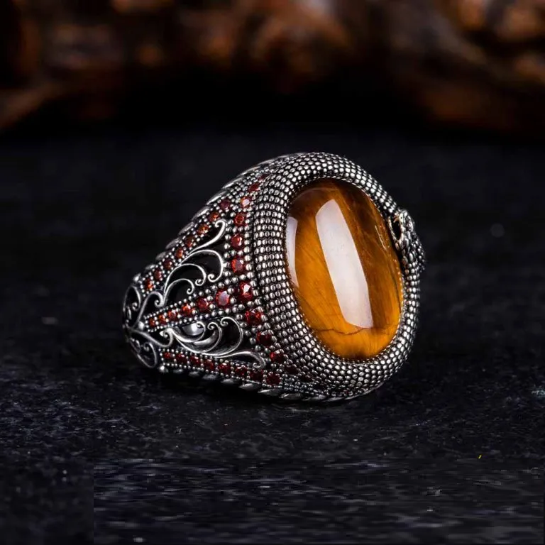 Brown Tiger Eye Zircon Detailed Ring With Snake Figure Main image