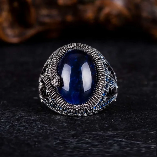 Blue Tiger Eye Zircon Detailed Ring With Snake Figure