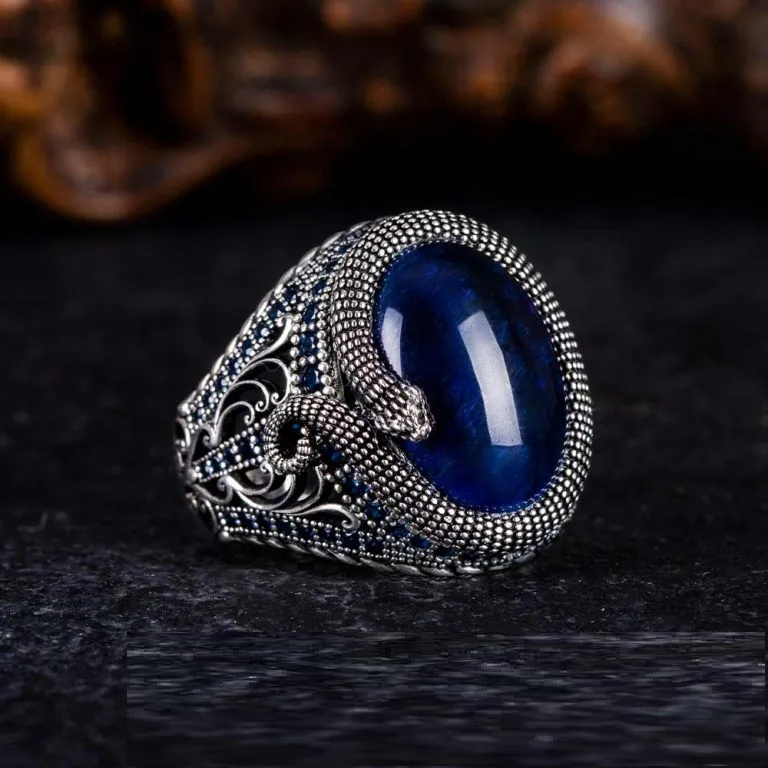 Blue Tiger Eye Zircon Detailed Ring With Snake Figure Main image