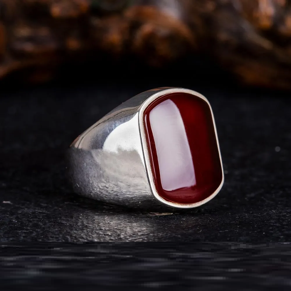Plain Oval Red Aqeeq Modern Silver Ring Secondary image