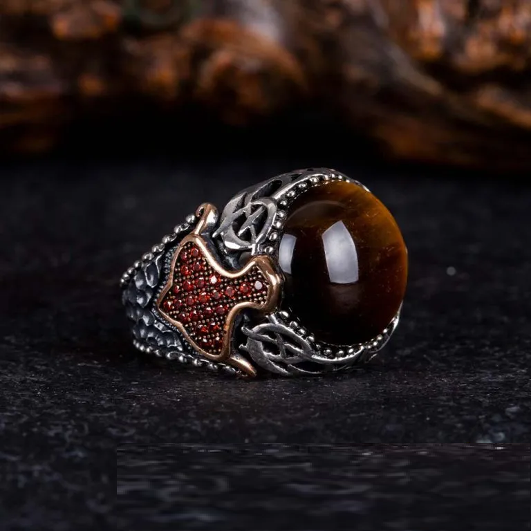 Brown Tiger Eye Round Zircon Detailed Ring Main image