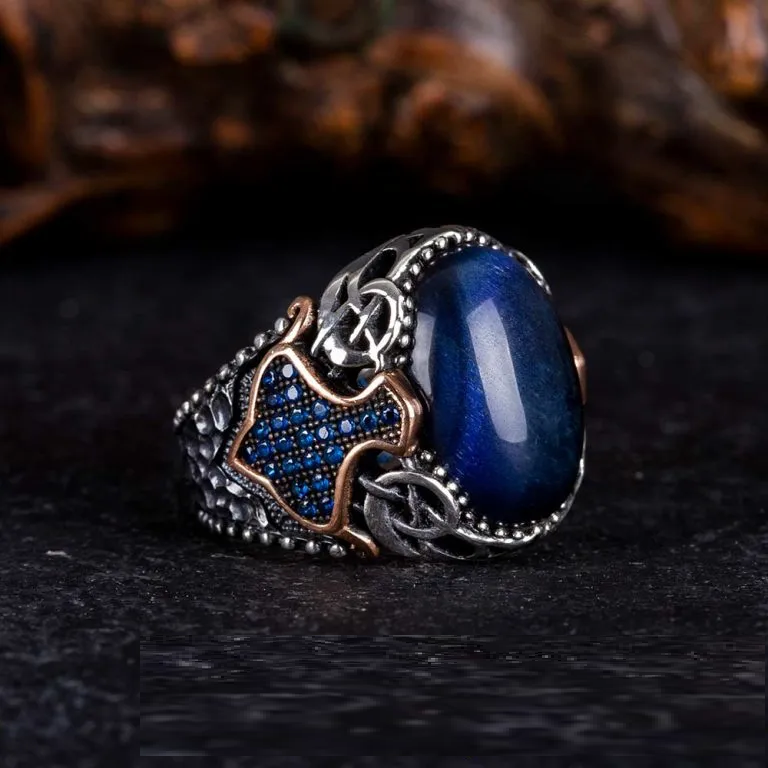 Blue Tiger Eye Oval Zircon Detailed Ring Main image