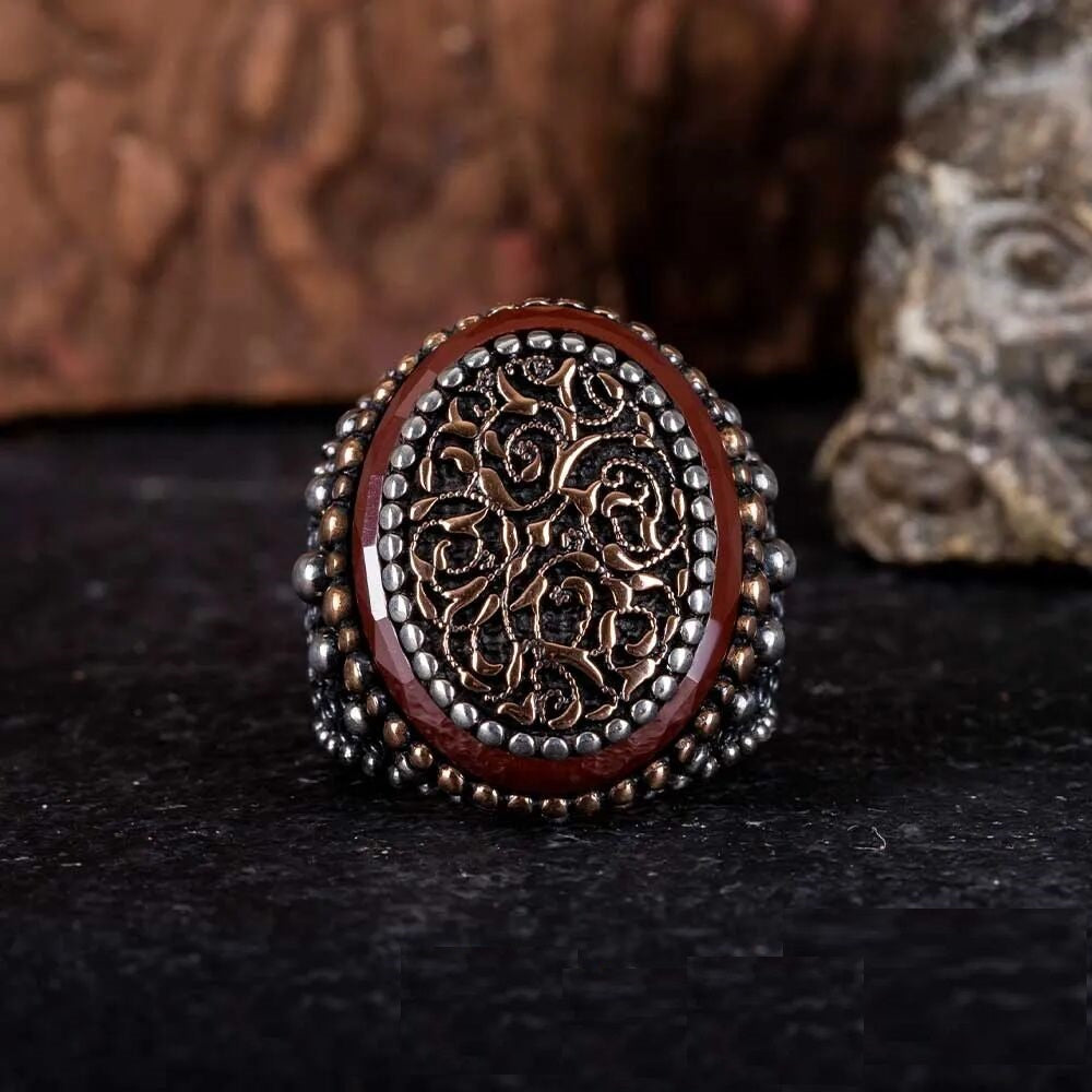 Stoneless Design Oxidized Silver Ring With Red Frame Main image