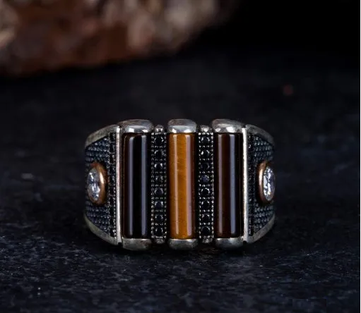 Brown Tiger’s Eye 3 Lines Oxidized Silver Ring Main image