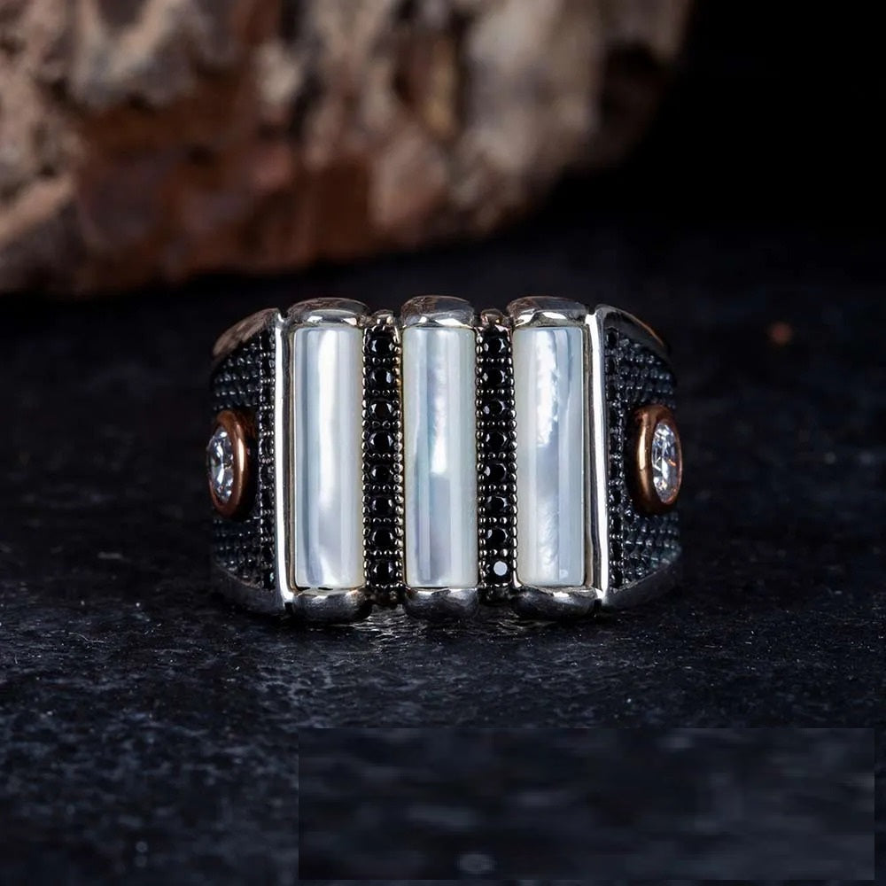 Mother of Pearl 3 Lines Oxidized Silver Ring Main image