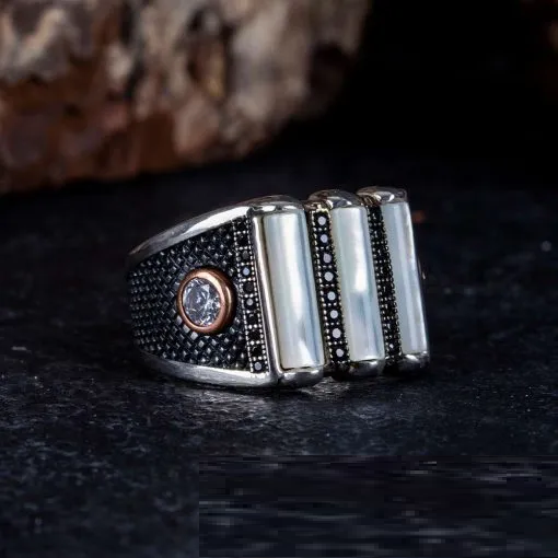 Mother of Pearl 3 Lines Oxidized Silver Ring Secondary image
