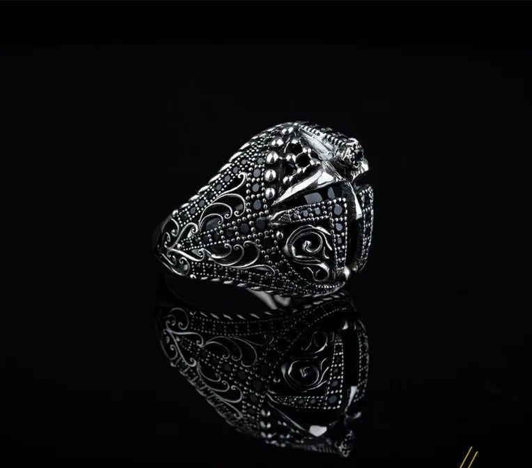 Warrior Helmet Black Zircon Pieces Exclusive Silver Ring Main image